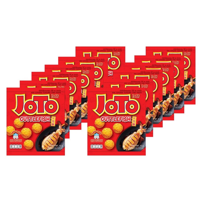JOTO Crispy Corn Squid snack in 12g package, featuring golden, crunchy squid pieces with a savory coating, ready to eat.