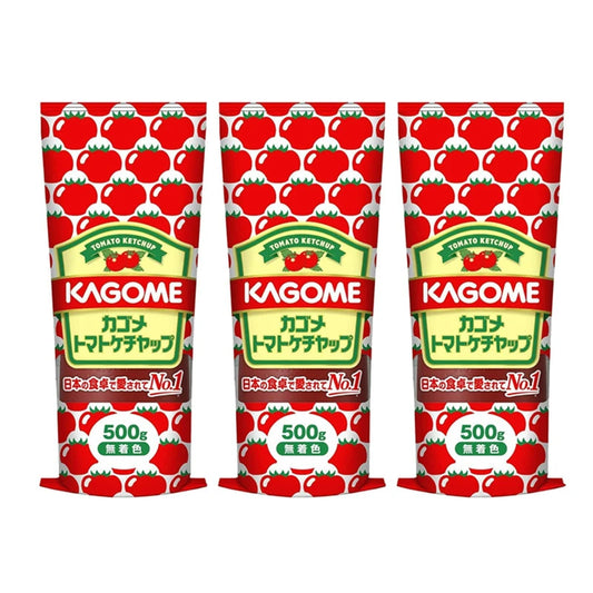 Kagome tomato ketchup sauce bottles, Japanese-made, 500g each, displayed together in a pack of three.