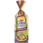 Corn Thins multigrain snack crackers with crispy, thin rice and multigrain toppings on a white background