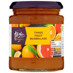 Sainsbury's Taste The Difference three fruits marmalade jar with orange, lemon, and grapefruit slices visible inside.