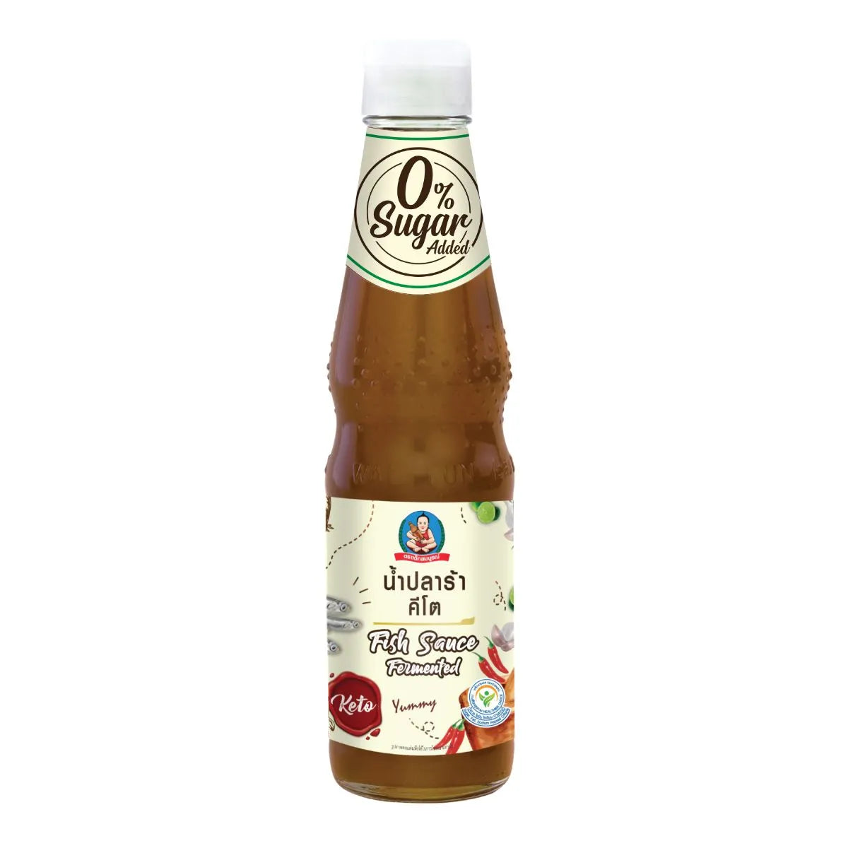 DEKSOMBOON Keto Fermented Fish Sauce 340g bottle, close-up of the dark, savory fermented fish sauce in a glass bottle.