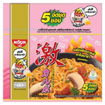 Nissin Hot Chili Carbonara instant noodles pack with five servings, featuring spicy chili flavor and creamy pasta in a grocery product image.
