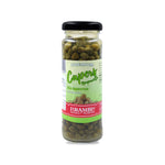 Jar of Larambla Capers Non Pareilles in a glass container, showing small, whole capers used in cooking and garnishing.