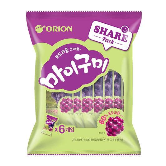 Orion Gummy Grape Jelly in a 259g package, showing colorful grape-shaped gummies with vibrant purple and green colors.