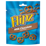 Flipz Milk Chocolate Pretzels in a bowl, showing crunchy pretzels coated with smooth milk chocolate, part of Flipz confectionery snacks.