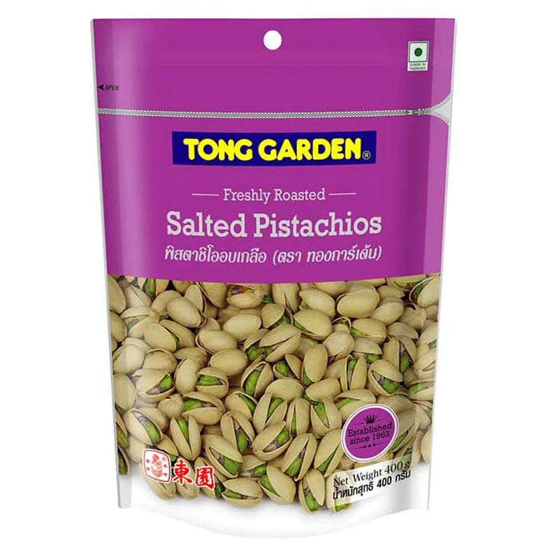 TONG GARDEN Pistachios in 400g package, shelled and ready to eat, shown in a close-up image.