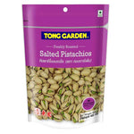 Tong Garden Pistachios in 400g pack, dry grocery snack, close-up of shelled pistachios in a clear bag.
