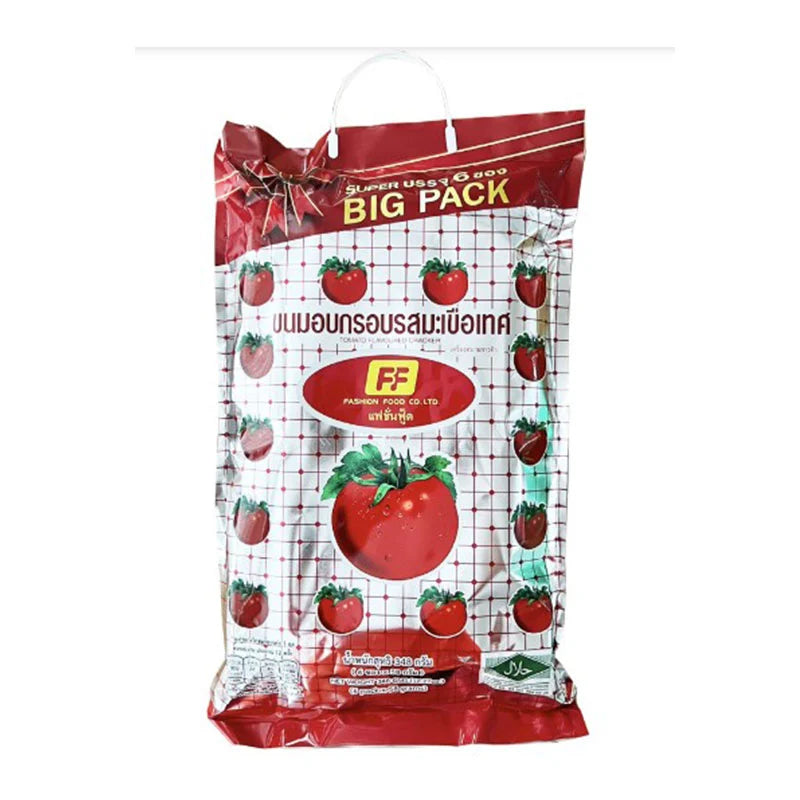 FF Big Pack Tomato Snack 348g, colorful package with tomato-flavored snack chips on a white background