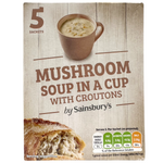 Sainsbury's mushroom soup in a cup with croutons, ready to eat, served in a white cup with soup and crispy croutons on top.