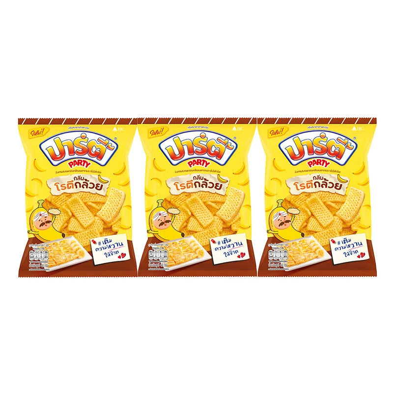 Party Extrude Banana Roti Snack, 48g pack, featuring golden banana-flavored snack sticks arranged in a clear bag.