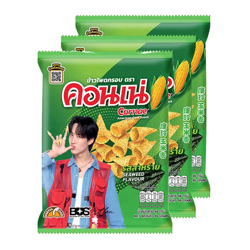 Cornae seaweed flavor corn snack in 46g x 3 packs, showing crispy corn snacks with seaweed seasoning on the packaging.