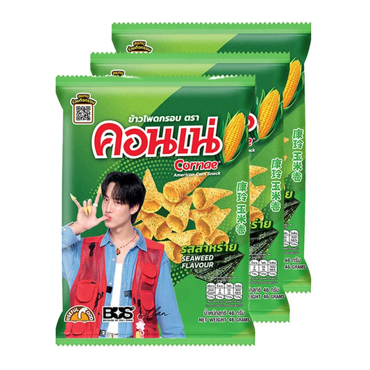 Cornae seaweed flavor corn snack in 46g x 3 packs, showing crispy corn snacks with seaweed seasoning on the packaging.