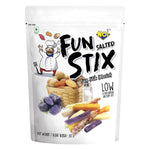 Noi Fun Stix Salted confectionery snacks in a colorful package, showing the salted snack sticks inside.