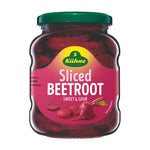Cans of Kuhne Beetroot Sliced in 330g dry grocery packaging with label showing sliced beetroot and brand logo