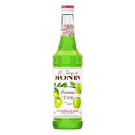 Bottle of MONIN Green Apple Syrup 700ml for drinks and cocktails, featuring a green apple flavor label and clear plastic bottle.
