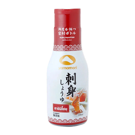 Yamamori Shoyu Sashimi Sauce 200 ML bottle with soy sauce and seasoning, used for dipping sashimi and Japanese dishes