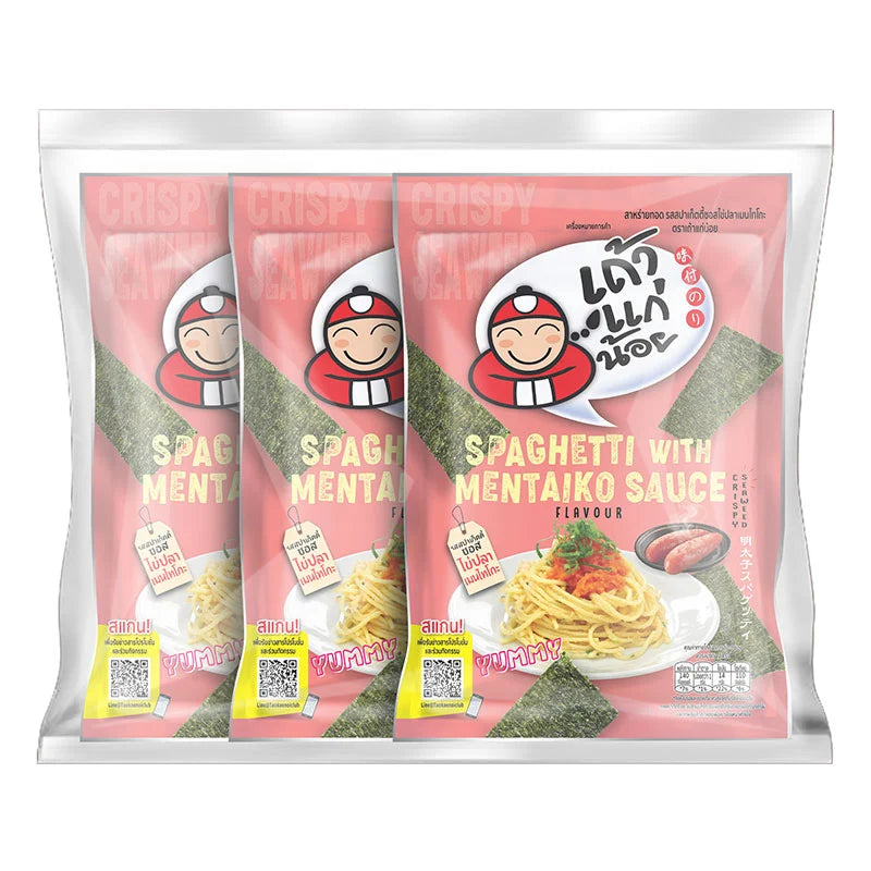 Taokaenoi Seaweed Crispy Spaghetti with Mentaiko Sauce in three 20g packs, featuring seaweed, spaghetti, and spicy mentaiko flavor