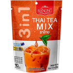 Ranong Tea Thai Tea Mix 3-in-1 drink packet showing the colorful packaging with Thai tea powder and ingredients inside.