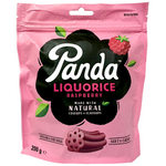 Panda Liquorice Raspberry confectionery snacks featuring black liquorice with raspberry flavor and colorful packaging.