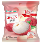 Haraku Lychee Jelly confectionery snack in a clear container, showcasing vibrant pink lychee-flavored jelly pieces.