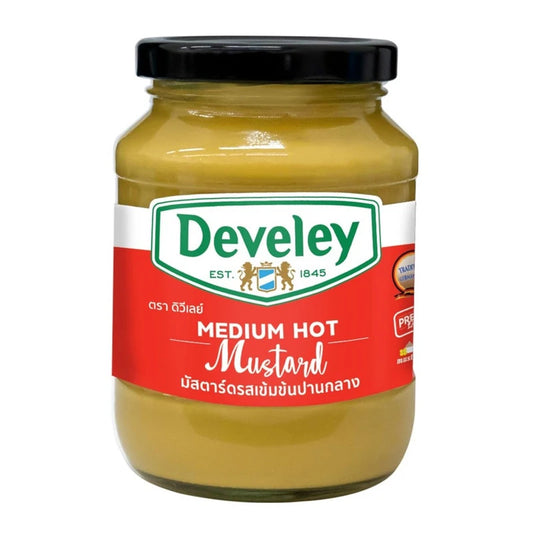 Develey Medium Hot Mustard 350g jar with yellow label and mustard seeds visible on the label.