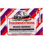 Fisherman's Friend Mixed Berry confectionery snacks in a clear package with colorful berry illustrations.