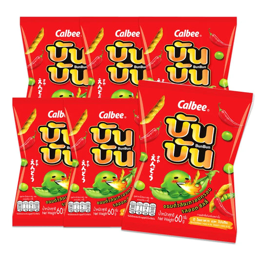 Bun Bun Hot Chili flavored snack pack, 60g, showing colorful packaging and spicy snack inside.