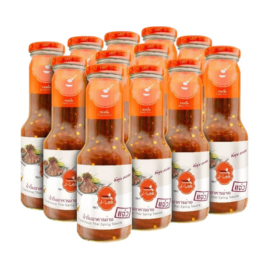 J-LEK grilled food dipping sauce in Jaew glass bottles, 360g each, shown in a pack of 12 bottles on a plain background.