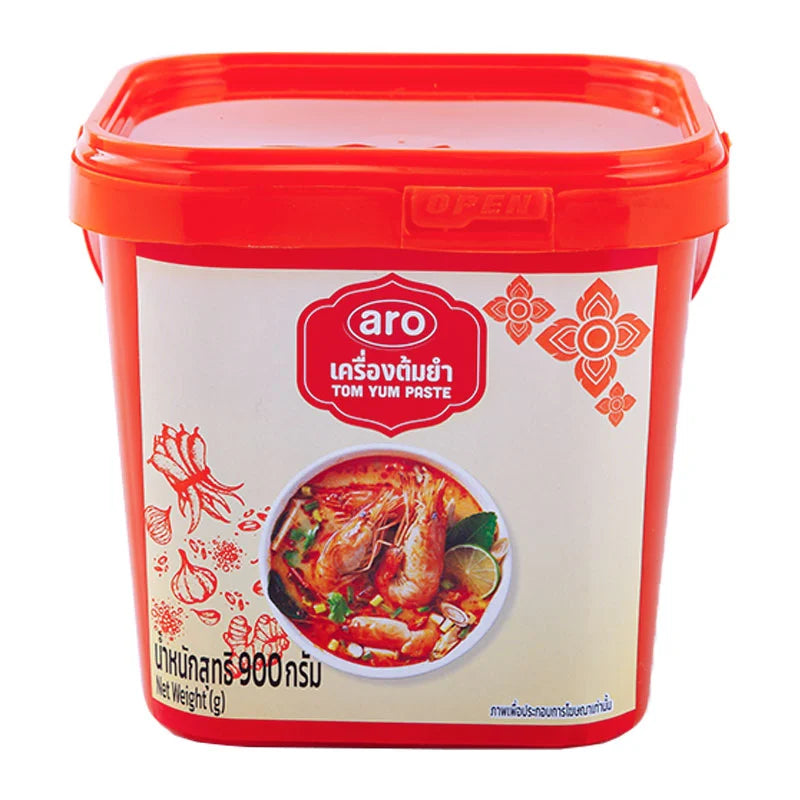 ARO Tom Yum Paste 900g jar with red and yellow label, showcasing the flavorful Thai spicy and sour paste.