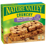 Nature Valley Crunchy Granola Bars Oats'n & Choco Chips featuring oat flakes and chocolate chips in a colorful wrapper.