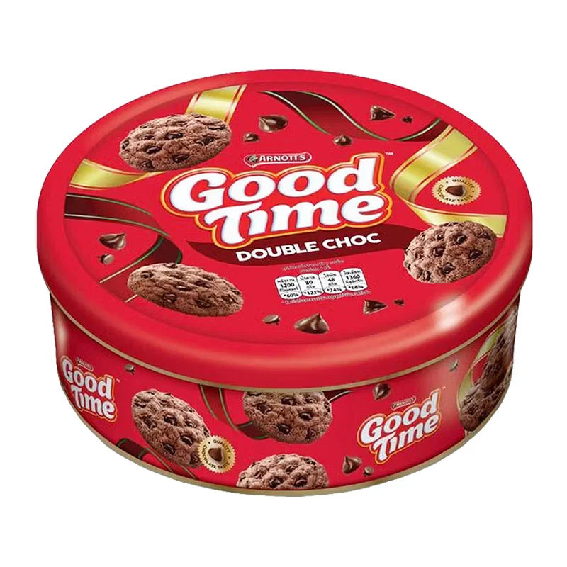 Good Time Double Choc Tin 256g, featuring assorted chocolate treats in a decorative tin with colorful packaging.