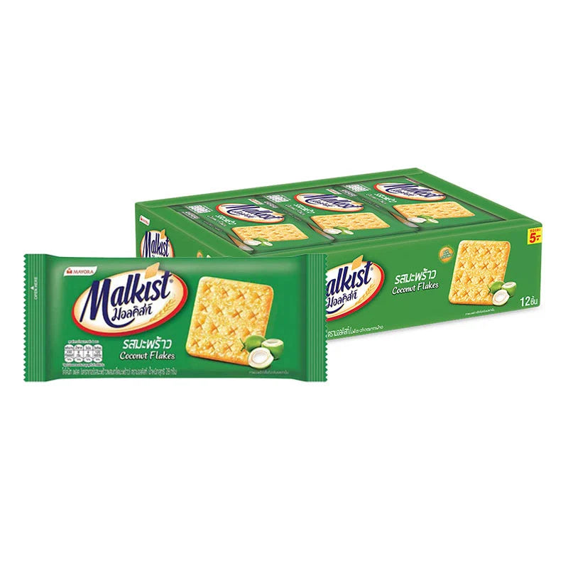 MALKIST Coconut Cracker 28g, 12-pack, showing individual coconut-flavored crackers with crispy texture and packaging.