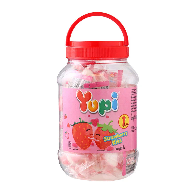 YUPI Gummy Strawberry Kiss 240g bag featuring vibrant strawberry-shaped gummies with bright pink and red colors.