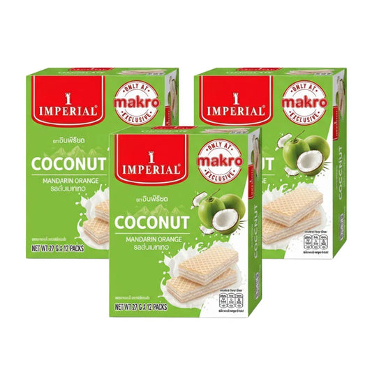 Imperial coconut cream-filled wafers in a 378g package, showing stacked crispy wafers with creamy coconut filling.