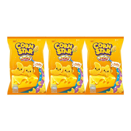 Party Corn Star Cheezy Cheese snack packs, 50g each, featuring crispy corn snacks with cheesy flavor in a colorful package.