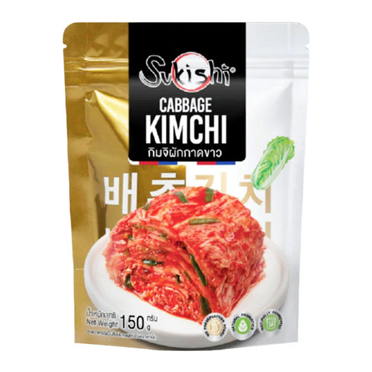 SUKISHI Cabbage Kimchi 150g jar with fermented cabbage and chili flakes visible inside, ready for serving.