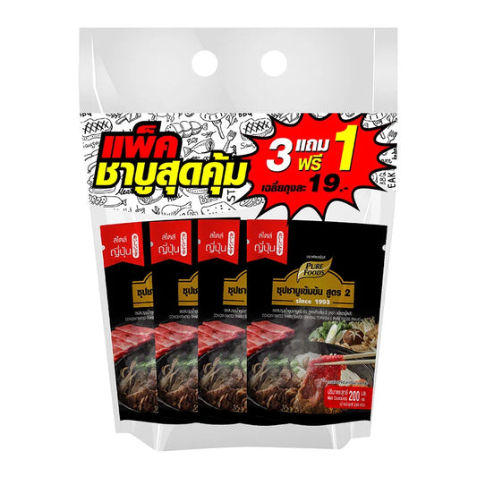 Pure Foods Shabu Sauce Original Formula 2 in a 200ml bottle, shown in a 3+1 pack, featuring the label and packaging details.