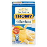 Thomy Hollandaise sauce bottle, creamy yellow grocery condiment with label, ready to serve with dishes or breakfast.