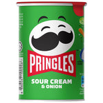 Pringles Sour Cream crisps in a bowl, showcasing the iconic potato chips with sour cream flavor, in a colorful snack package.