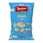 Loacker Mini Vanilla confectionery snacks featuring small vanilla-flavored wafers in a colorful package.