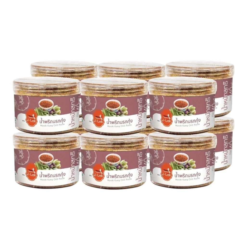 J-LEK Nam Prik Narok shrimp chili paste in a 40g plastic jar, packed in a pack of 12, with vibrant chili and shrimp ingredients visible.