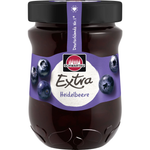 Schwartau Wild Blueberry Jam in a jar, featuring fresh blueberries and vibrant purple color, ideal for spreading on bread
