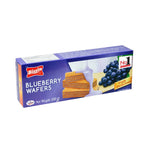 BISSIN Blueberry Wafers 100g, dry grocery product, close-up of crispy blueberry-flavored wafers in a package.