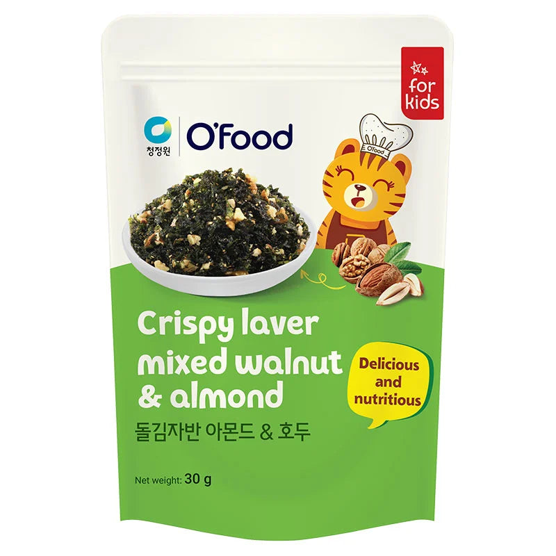 O'FOOD Seaweed with Walnut and Almond in 30g package, close-up of the snack showing seaweed, walnuts, and almonds.