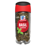 Dried McCormick basil leaves in a 10g packet, used as an aromatic herb for cooking and seasoning in various dishes.