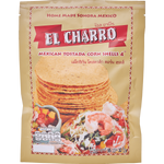 El Charro Mexican Tostada Corn Shells 4-inch, crispy tostadas for Mexican dishes, shown stacked in a grocery setting.