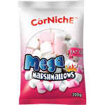 Corniche Mega Marshmallows, soft and fluffy confectionery snacks in a bright package.