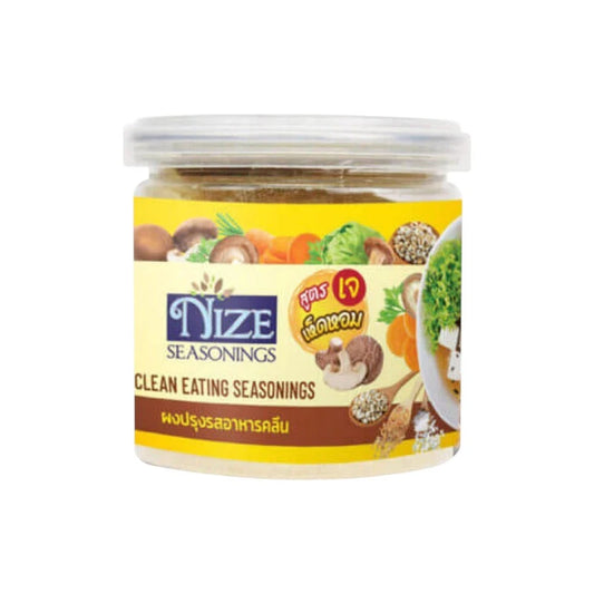 NIZE Clean Seasoning Powder with Shiitake Mushroom, vegetarian spice blend in a clear jar with a white lid