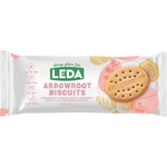 Leda Arrowroot Biscuits gluten-free confectionery snacks with golden-brown, round biscuits on a white background