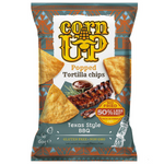 Corn Up Texas BBQ Corn Up Tortilla Chips, crunchy snack with smoky barbecue flavor, shown in a bag against a white background.